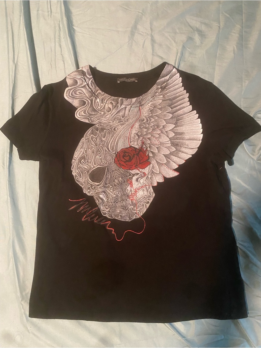 Alexander McQueen Skull Black Graphic Top with Gray Wing Motif and Red Accent